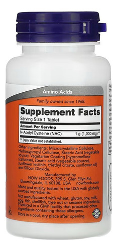 Now Foods N-acetilcisteína (nac) 1000 Mg, 60 Comprimidos Sin Sabor