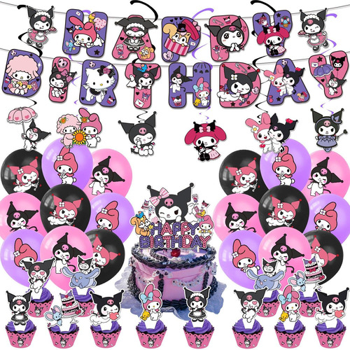 Pack Cumpleaños Kuromi My Melody Globos Toppers Cinta Y Mas