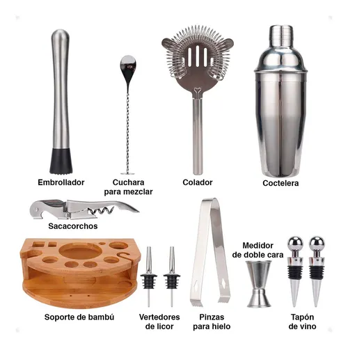 Set 12 Piezas Cocteleria Base Bambu Barman Bartender Tragos Coctelera Acero Inoxidable 550 Ml - Otec