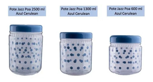 Kit 3 Pote Mantimento De Cozinha Plástico Poa Azul Claro