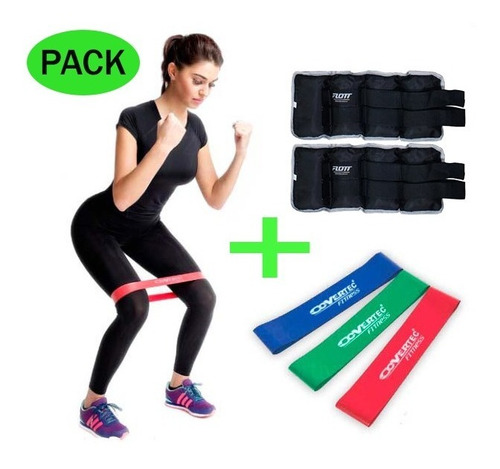 Pack 3 Bandas Elásticas Loop Pilates + Pesas Tobillo 6kg Gym