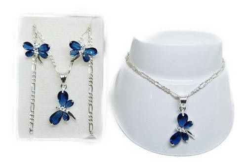 Collar De Libelula Azul De Plata 925 +pulsera Y Aretes Li12
