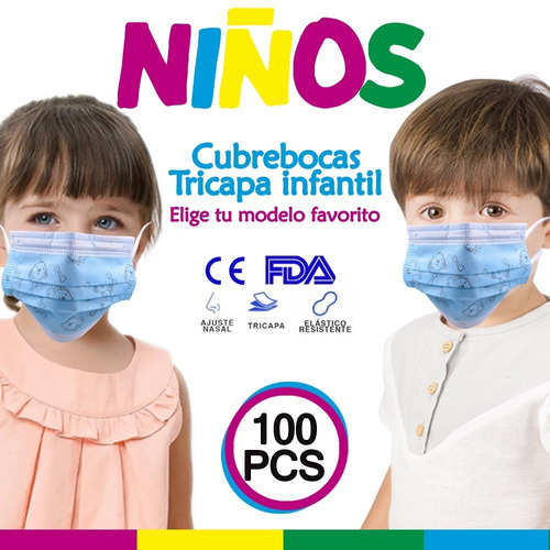Kit 100 Tapabocas Cubreboca Infantil Diseños Niños Tricapa 