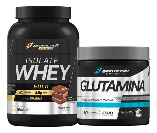 Kit Whey Isolate Gold 900g + Glutamina 150g Bodyaction Sabor Chocolate