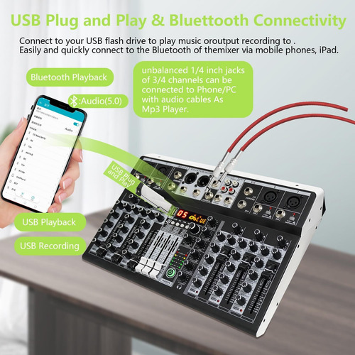 Console De Som Profissional De 8 Canais, Entrada Usb Mp3