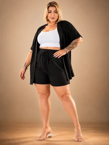 Conjunto Plus Size Kimono Short Feminino Casual Crepe Dunas