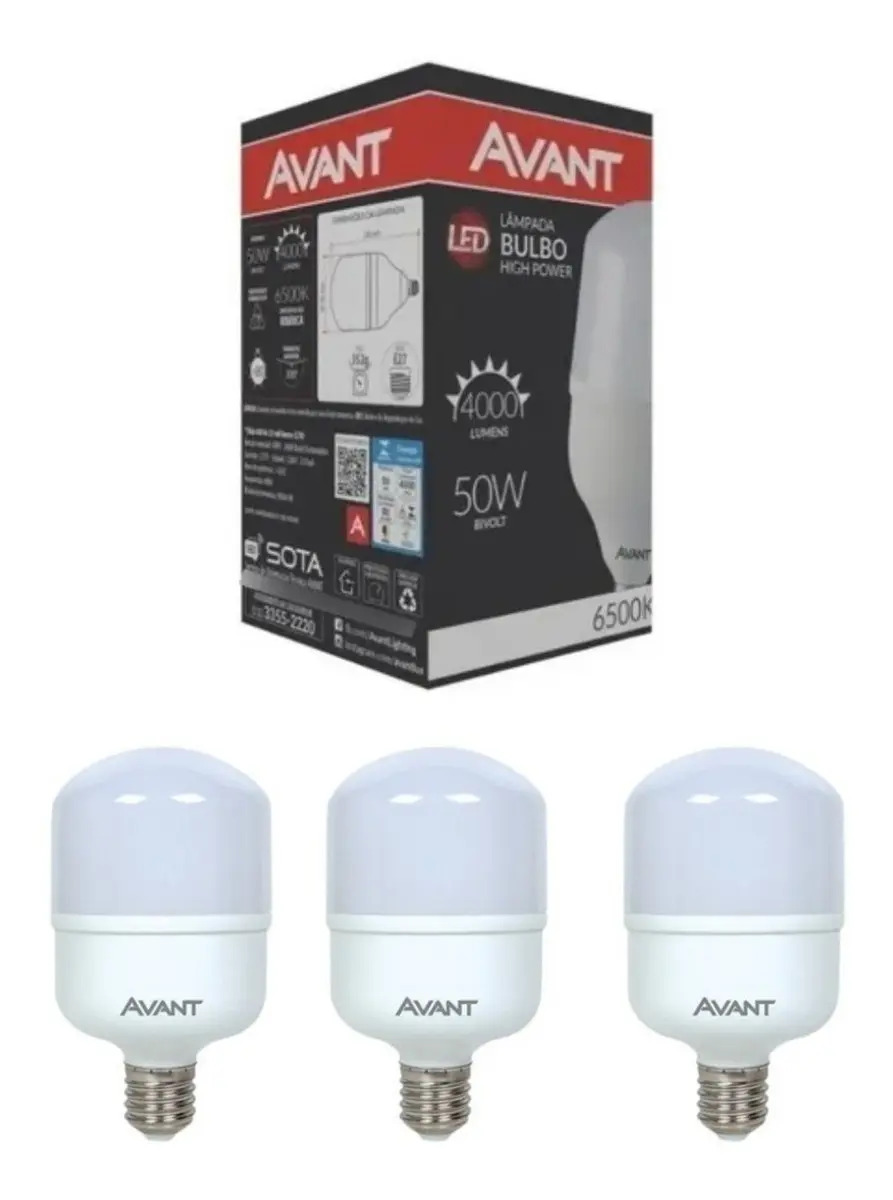 Kit 3 Lampadas Led Bulbo 50w E27 Branca 6500k Avant Luz Branco