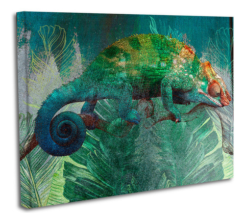 Cuadro Canvas 50x60cm Camaleon Pintura Selva Colores Verde