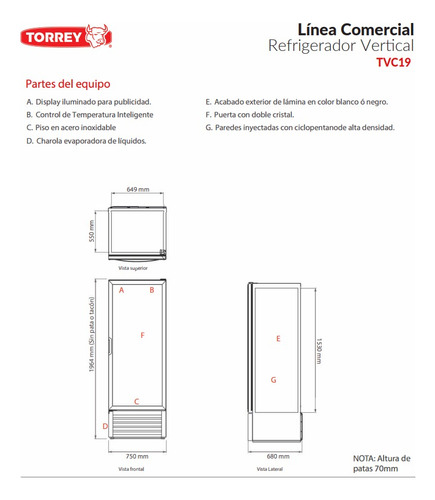 Refrigerador Comercial Vertical Torrey Tvc19 2° A 6°c Color Blanco