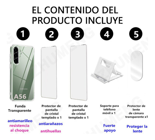 5 Kit Funda Transparente Para Samsung Galaxy A56 5G con 2 Protector Pantalla y Protector Lente Cámara y Soporte,Carcasa Trasera Protectora Transparente,Antiamarilleo TPU + PC,Bumper Shock-Absorción