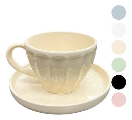 Taza Multifuncion Ceramica Vintage Vainilla 300ml + Plato Gris Azulado