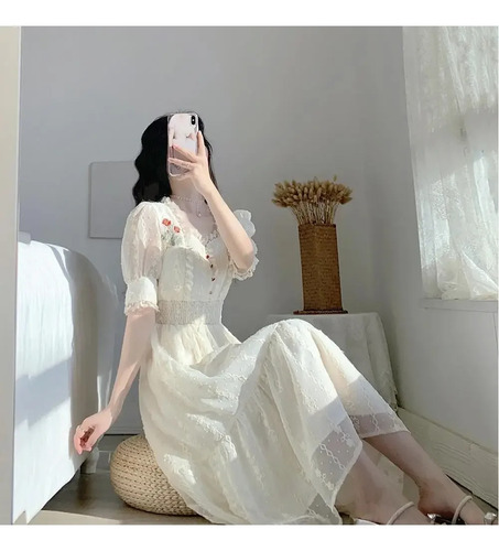Vestido Midi De Encaje Floral Para Mujer Con Cuello Cuadrado