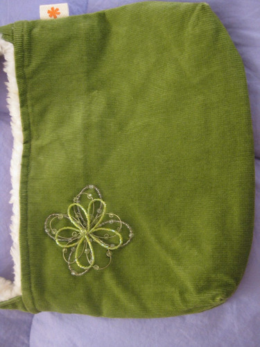 Cartera Corduroy Verde Adorno Flor Bisuteria Diseñadora
