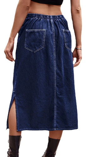 Falda Midi De Mezclilla Con Cintura Elástica Para Mujer, Est