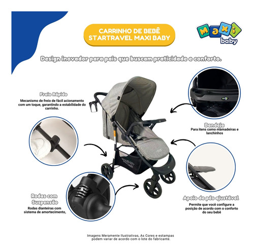Carrinho de Bebê Passeio Vira Berço Startravel Maxi Baby - Cinza