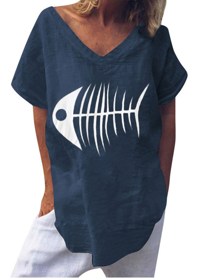 Camisa Con Estampado De Huesos De Pescado Y Manga Corta Con 