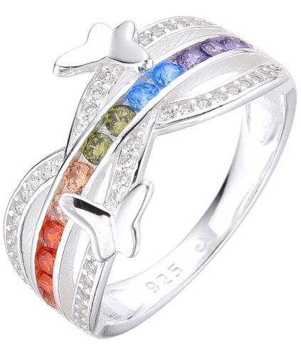 Anillo De Plata Mariposas Y Circones De Colores Joyeria