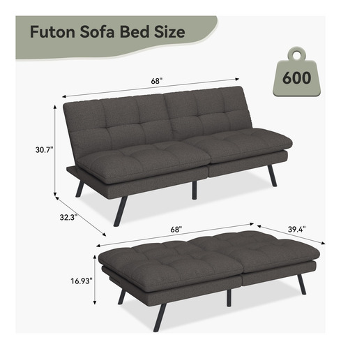 Sofá Cama Futón Convertible De Tela Lino Gris Ajustable