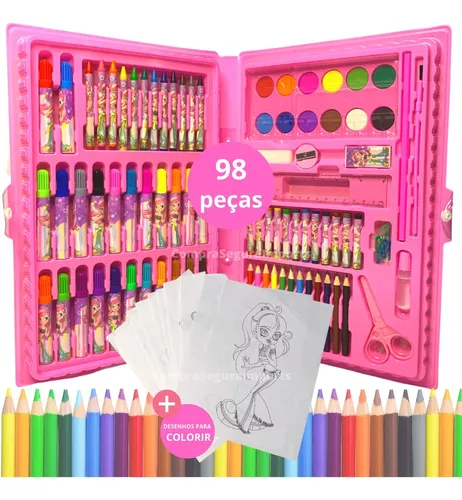 Estojo De Pintura Com 98 Peças Para Meninas Kit Escolar Rosa 98 Peças  Estojo Maleta Pintura Desenhar