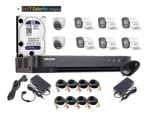 Kit Hikvision 8 Camaras Vision Noturno Colorvu 1080p 1tb