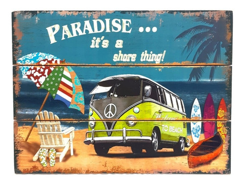 Cuadro Decorativo Madera Vintage Playa Auto - Sheshu Home Color Paradise