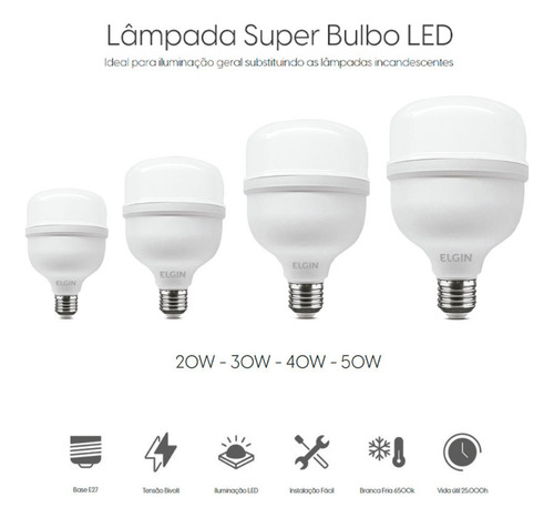 Kit 5 Lâmpada Bulbo Alta Potencia 50w Bivolt Elgin 6500k E27