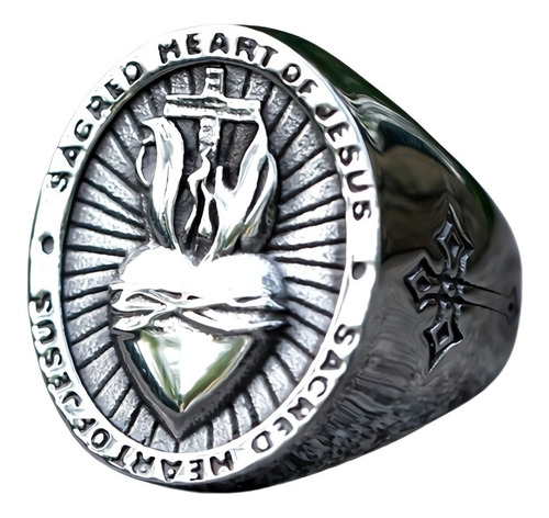 Anillo Sagrado Corazón De Jesus De Acero Color Plata Hombre