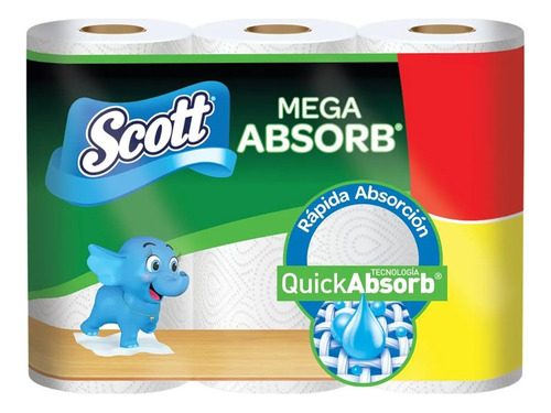 Toalla De Papel Desechable Scott Mega Absorbente 3 Rollos Color Blanco Toalla De Cocina Scott Mega Absorb