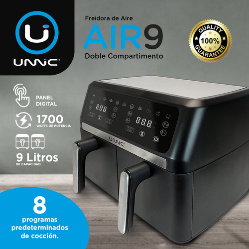Freidora De Aire Sin Aceite Unnic Air Fryer Doble Canasto Pantalla Digital 9 Litros 1700W Color Negro