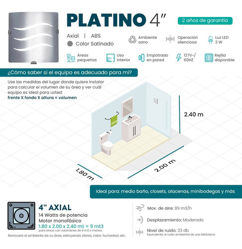 Imagen 3 de 6 de Extractor Pared 4´´ Satinado Masterfan Platino 4 Con Luz