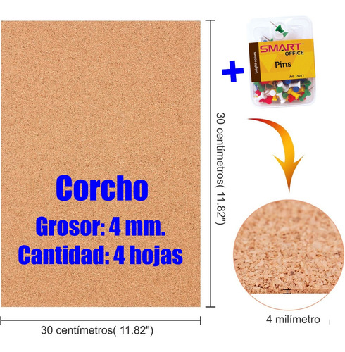 Hoja Corcho 4 Milímetros 30 X 30 Cms. 4 Hojas + Pins
