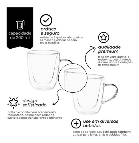Imagem 4 de 8 de Dupla De Xícaras Vidro Borossilicato Chá 200ml Mimo Style