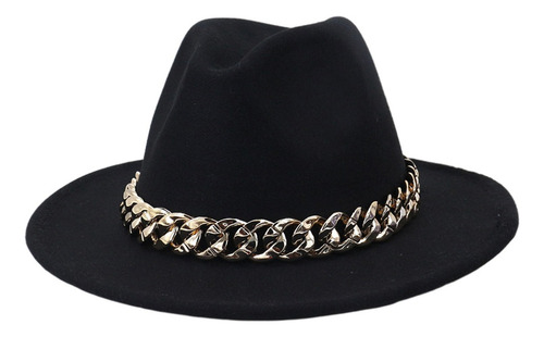 Elegante Sombrero Fedora De Ala Ancha Con Cadena Dorada Ala