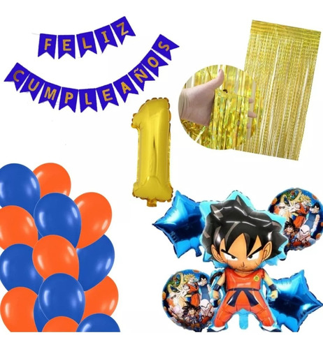 Kit Globos Dragon Ball Dorado Feliz Cumpleaños Azul Naranja