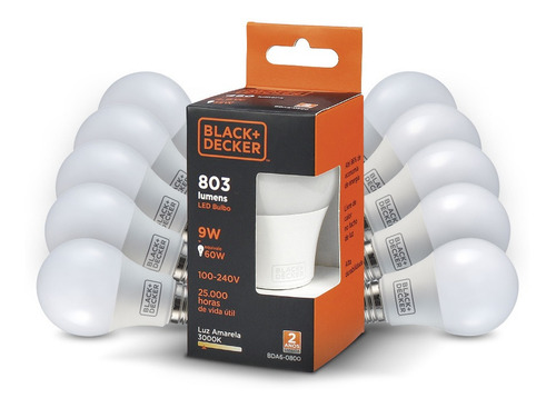 Kit 10 Lâmpadas Led Bulbo 9w  Amarela - Black + Decker