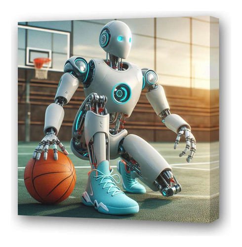 Cuadro 20x20cm Robot En La Cancha De Basquet Zapatillas