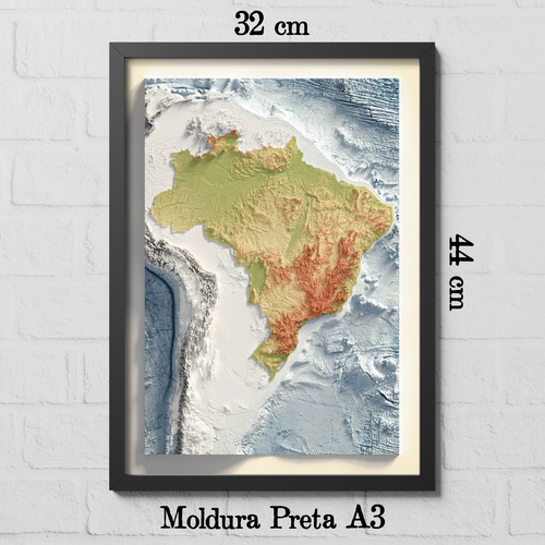 Mapa De Relevo Brasil Batimétrico - Moldura Preta A3