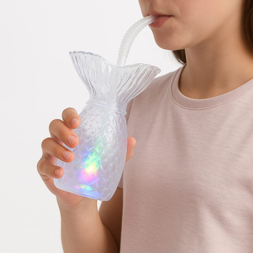 20 Vaso Cola De Sirena Con Luz Led Temática Fiesta Sirena Transparente
