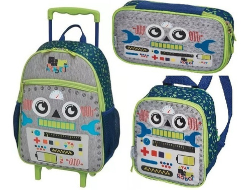 Kit Mochila Rodinha G Lancheira Estojo Pack Me Robot Pacific