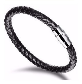 Pulseira Masculina Couro Legitimo Trançado Fecho Magnético