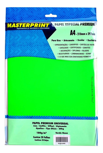 Papel Neon A4 180g Para Artesanato Com 20 Folhas Masterprint Cor Verde Neon
