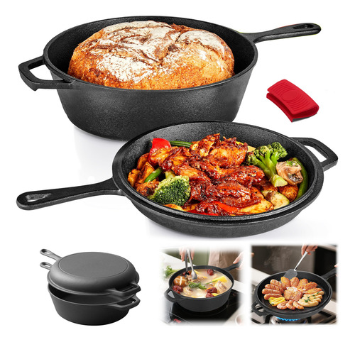 2 En 1 Olla Y Sartén Combinados De Hierro Fundido 26cm 4.7l