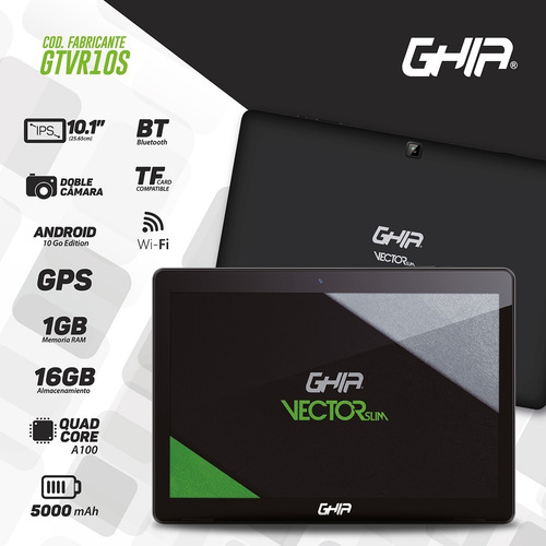 Imagen 6 de 7 de Tablet Ghia 10.1 Pulgadas Android 10 Google 1GB Ram 16GB Almacenamiento Quadcore Wifi BT Vector Slim