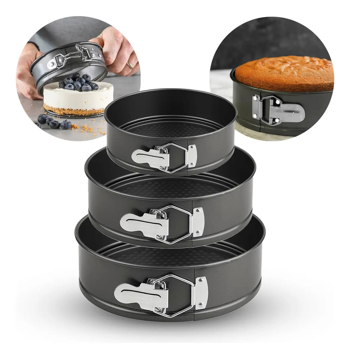 Kit 3 Formas Para Bolo Torta Com Fundo Removível Antiaderente  Aço Carbono Redondas Preto