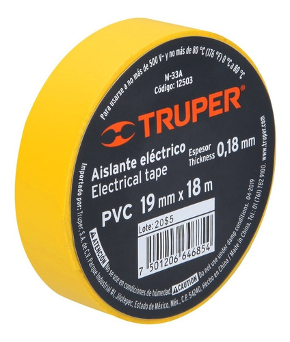 Huincha Aisladora De 19mm X 18m Amarilla Truper M-33a Amarillo