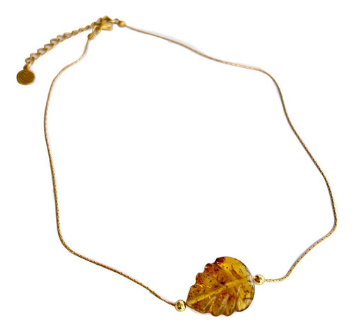 Collar Hojita De Ámbar Natural Genuino Cadena Chapa De Oro