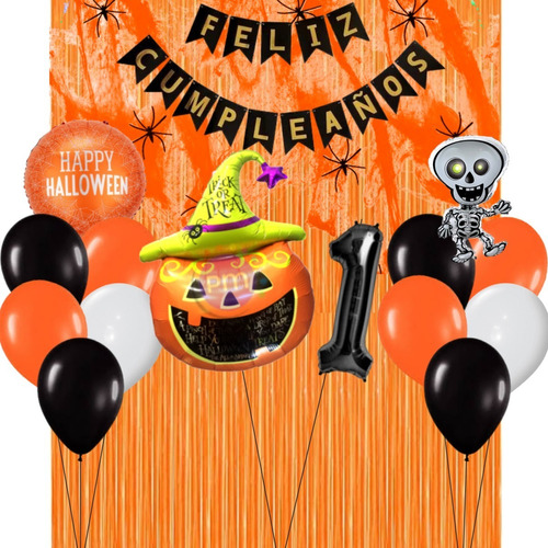 Combo Cumpleaños Globos Temática Halloween Naranja