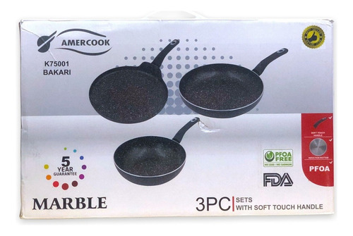 Sartenes Amercook® Recubrimiento Mármol Antiadherente 3 Pz Color Negro