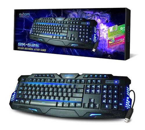 Teclado de uma mão gamer Exbom BK-G35 QWERTY português Brasil cor preto com luz 3 cores