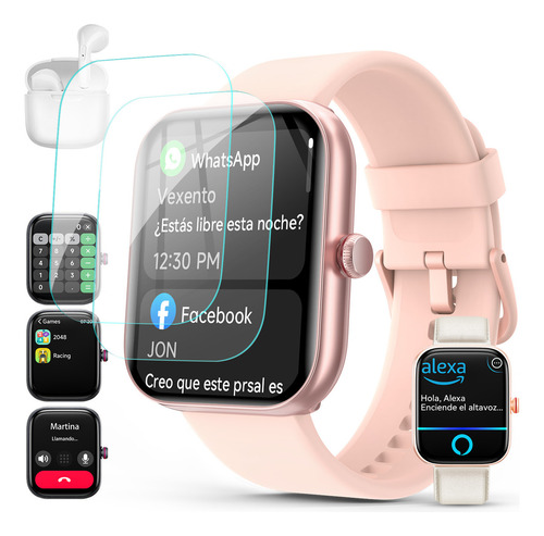 Reloj Smartwatch Con Alexa, Llamadas Bluetooth, Notificaciones De Apps, Fotos Personalizadas + Juegos + Calculadora | Incluye Audífonos, 2 Micas, 2 Correas | Regalos Para Padre, Madre, Esposa o Esposo